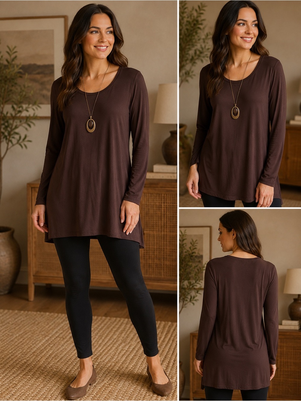 Eileen Fisher Brown Long Sleeve Scoop Neck Tunic - Picture 2 of 6